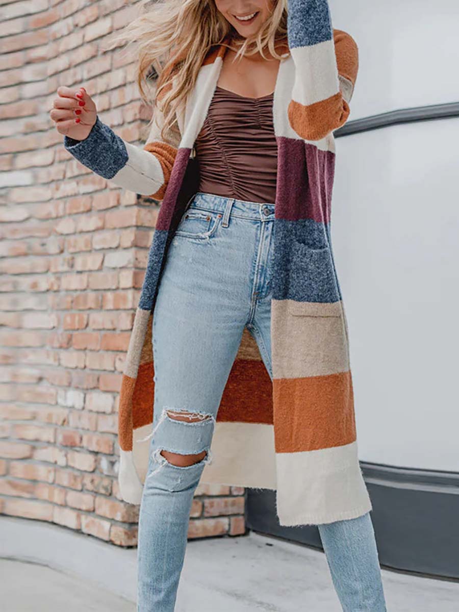 Multicolor Knitted Color Block Open Front Long Cardigan