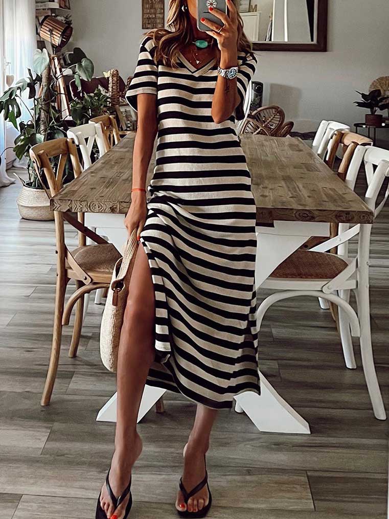 Striped printed v-neck long skirt