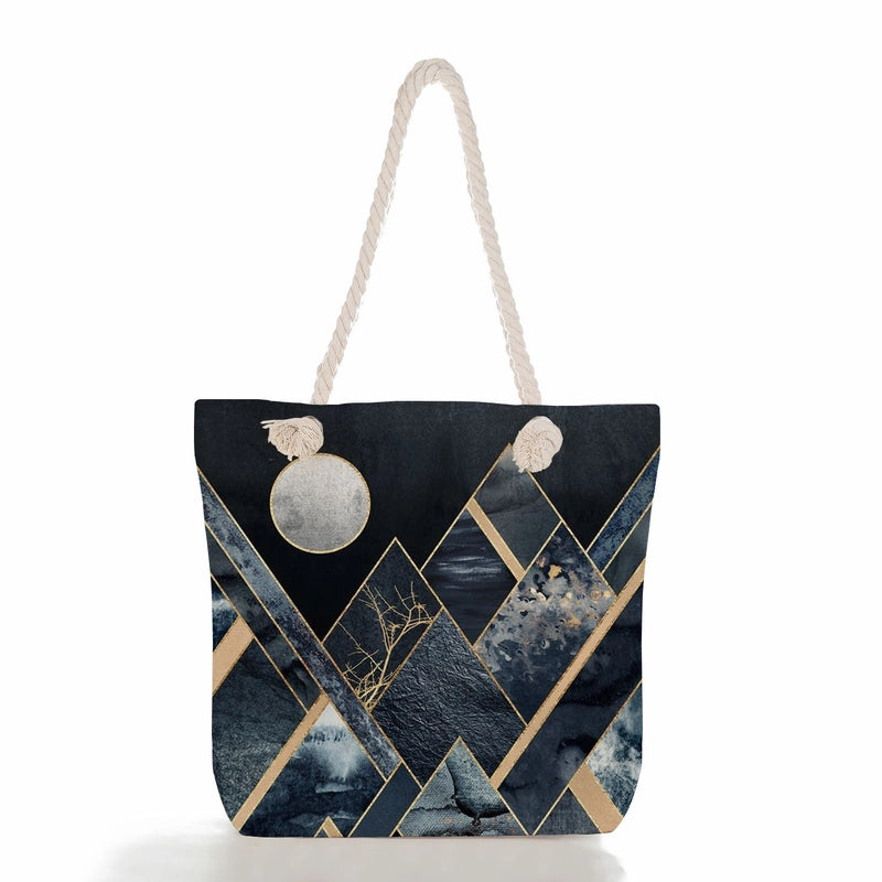Women's Medium Canvas Geometric Flower Basic Classic Style Square Zipper Tote Bag