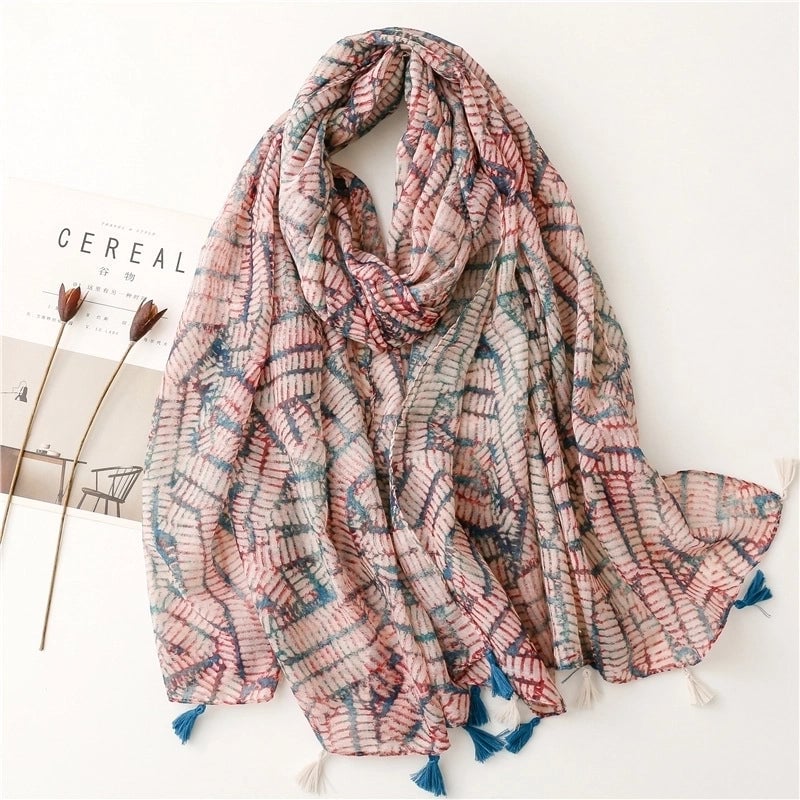 Yarn Cotton Fruit Green Bright Yellow Leaf Printing Tassel Scarf Shawl