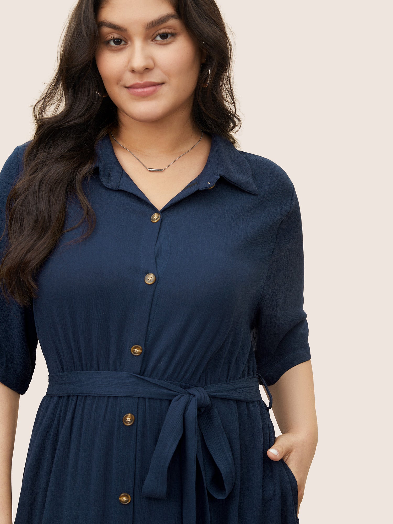 Solid Button Pocket Shirt Collar Belted Maxi Dress