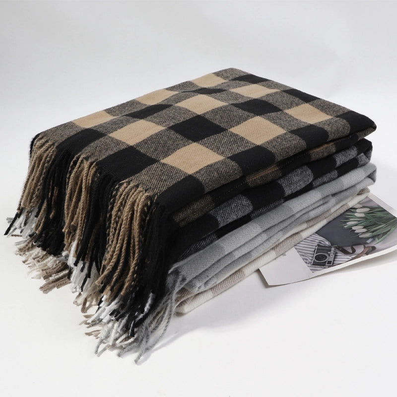 Simple  Fashion Warm Scarf Color Matching Chessboard Plaid Men's And Women's Tassel Plaid Cashmere-like Autumn And Winter Shawl