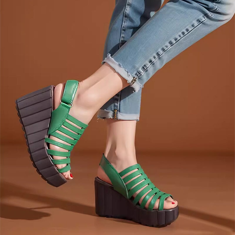 Handmade High Heel Gladiator Sandals Peep Toe 90mm Wedges in Black/Green/Rainbow