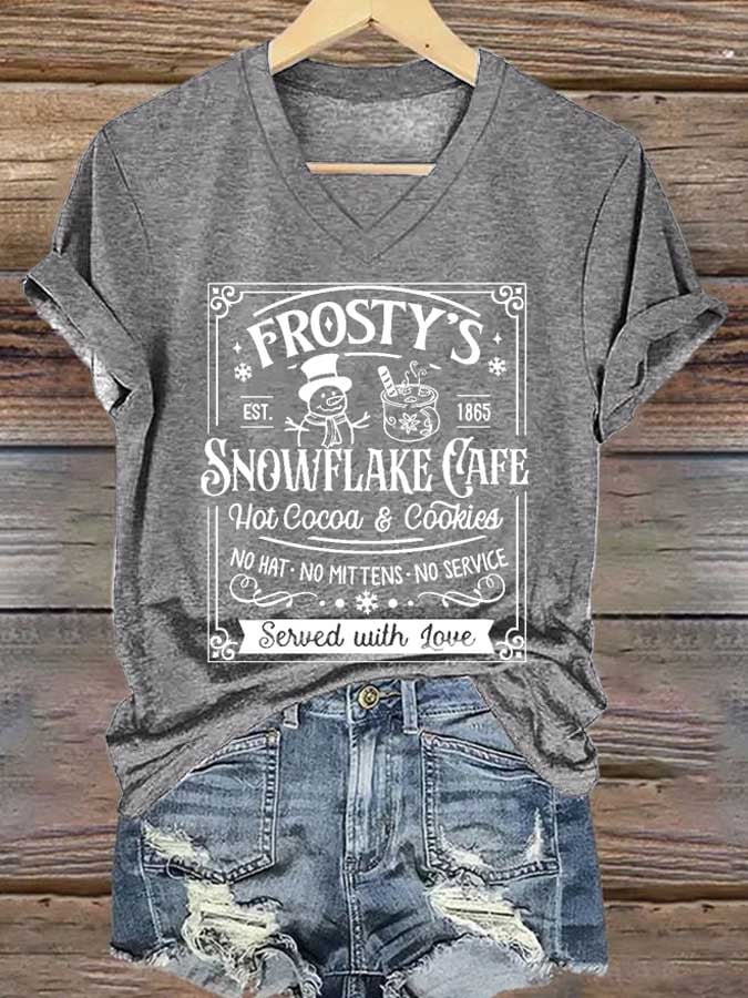 Women's Frosty Snowflake Cafe Hot Cocoa And Cookies Christmas Print T-Shirt