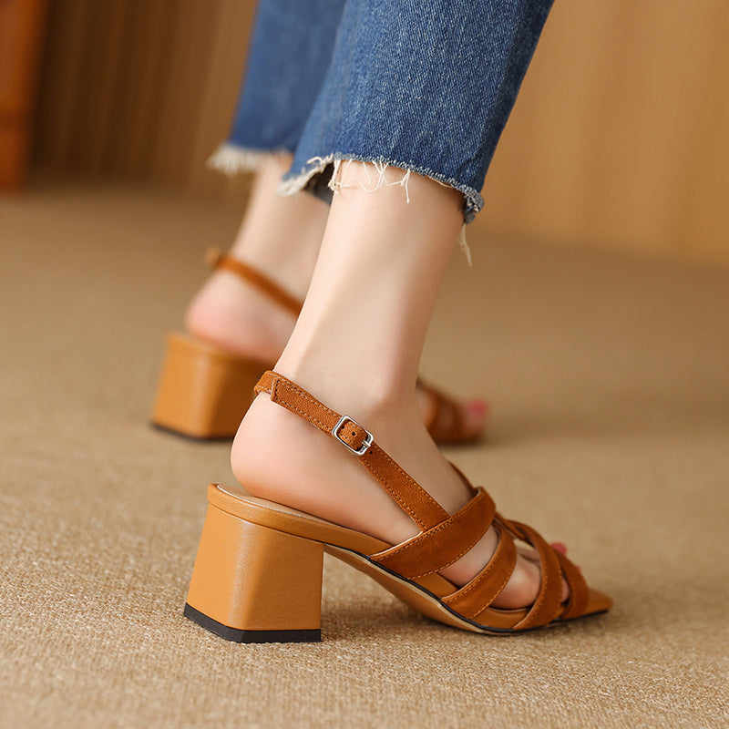 Elegant Handmade Genuine Leather Cross Strap Slingback Roman Sandals in Apricot/Black
