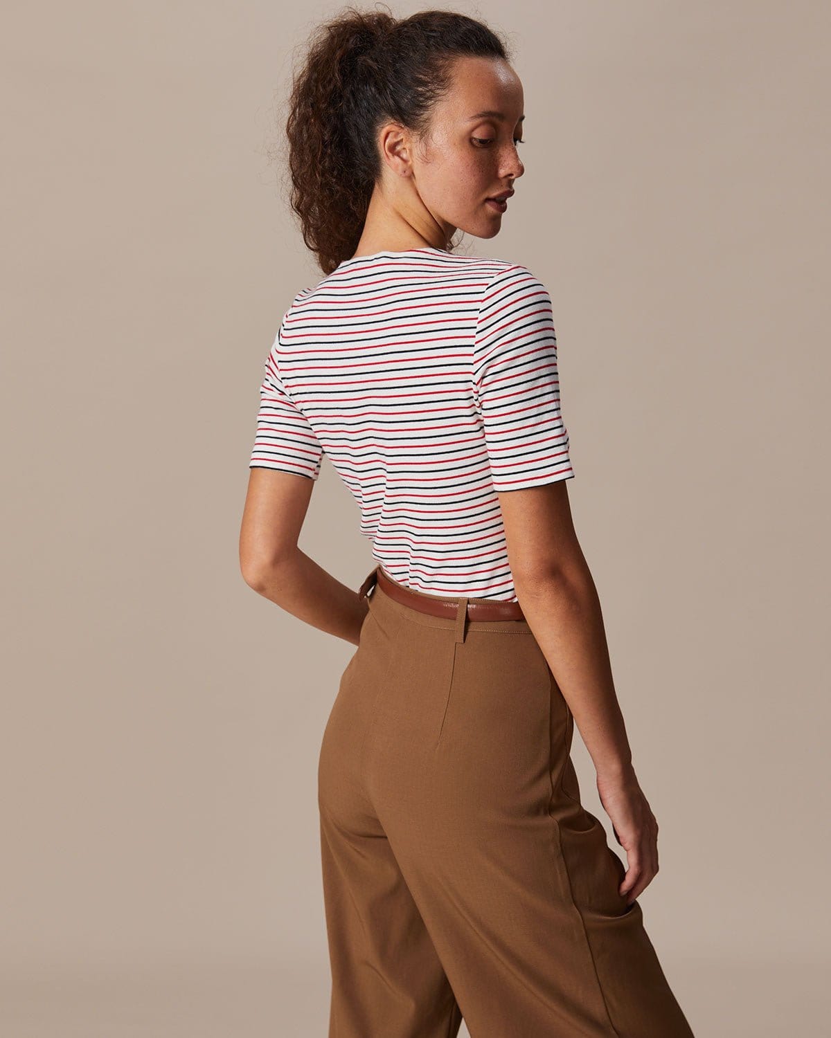 The Red Round Neck Button Striped Tee