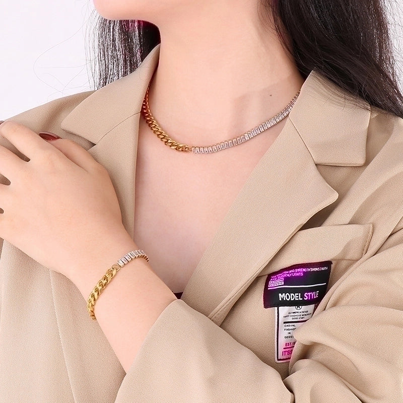 Fashion Geometric Titanium Steel Plating 18k Gold Plated Zircon Bracelets Necklace