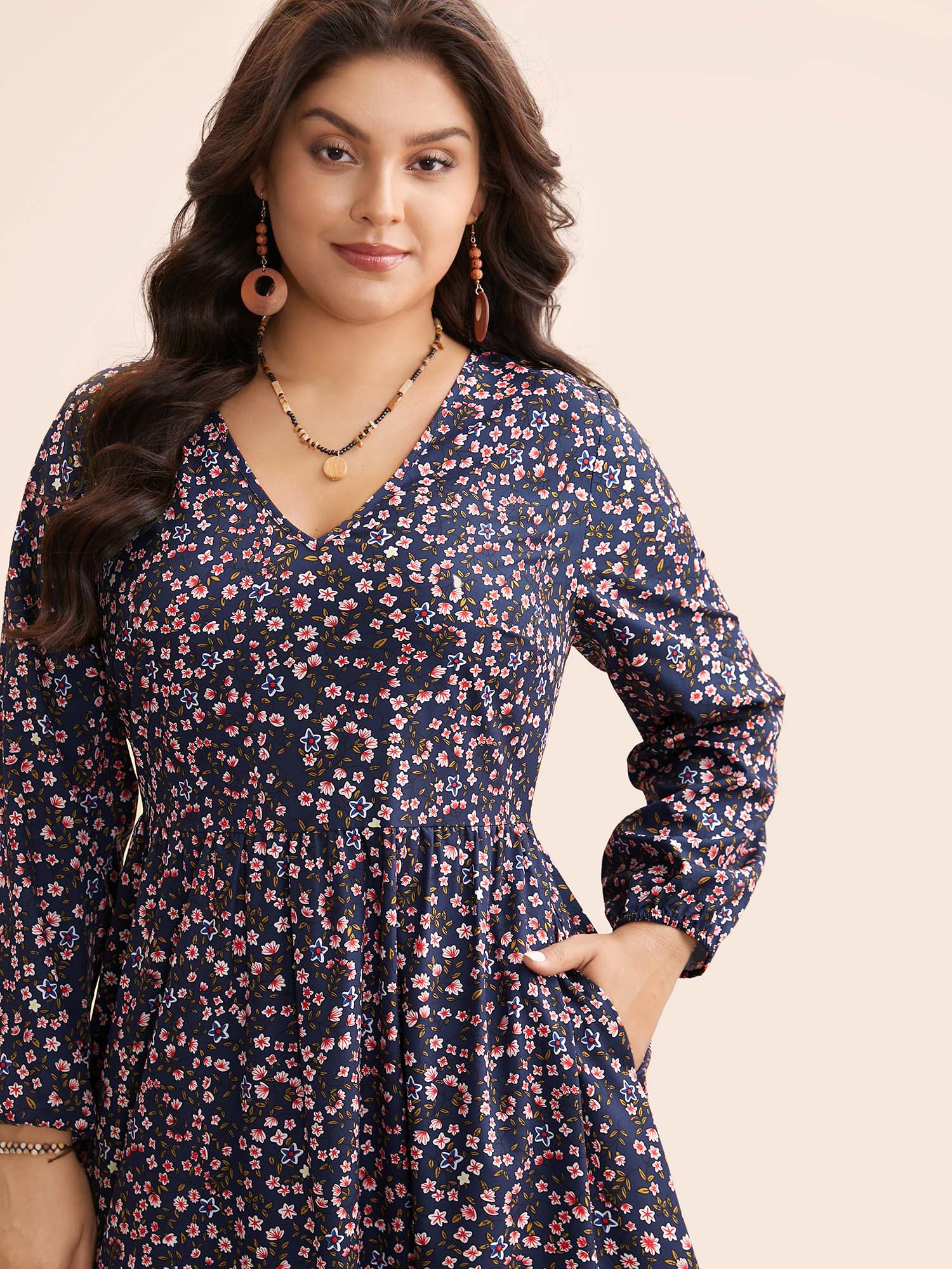 Boho Print Lantern Sleeve Midi Dress