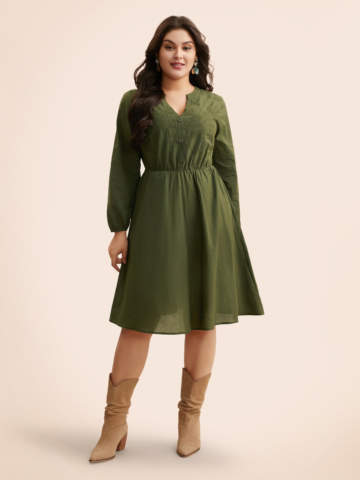 Notched Broderie Anglaise Button Detail Dress