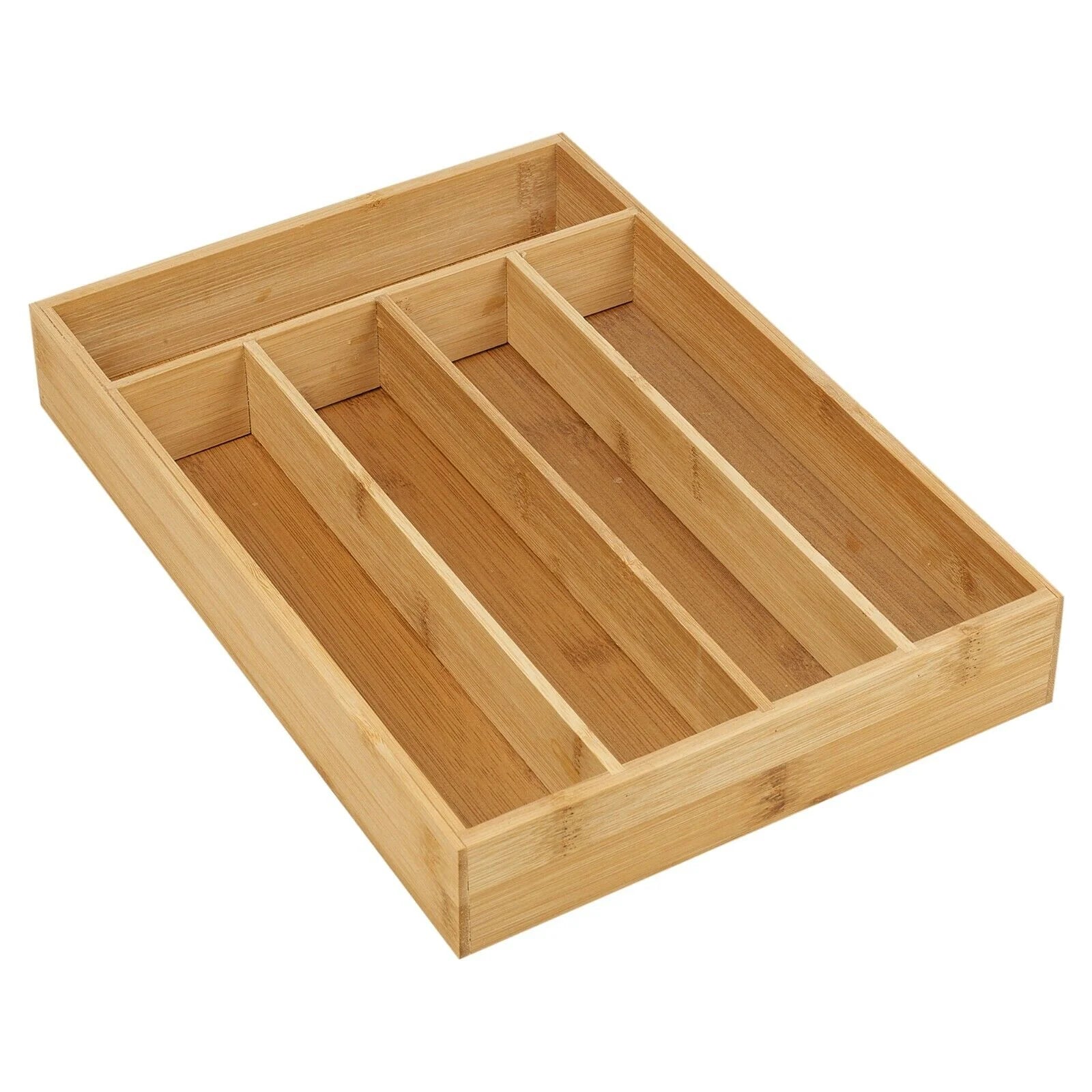 5 Compartment Bamboo Cutlery Tray. Kitchen Drawer Utensils Holder. Wooden Knife Fork Spoon Organizer Case