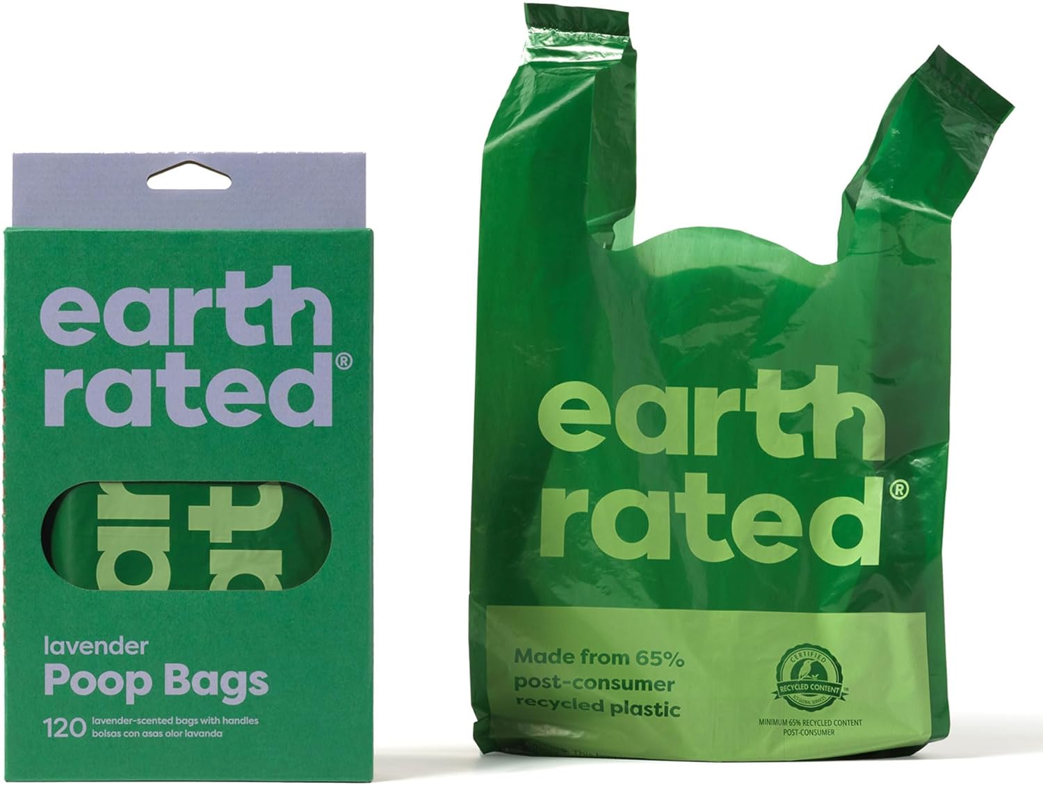 Earth Rated Dog Poop Bags with Handles. Extra Wide. Easy Tie and Guaranteed Leakproof. Lavender Scented. 120 Handle Bags