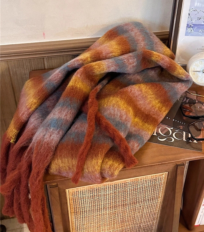 Latest Mohair Striped Tassel Scarf Fashion Geometric Gradient Shawl Versatile Thickened Scarf