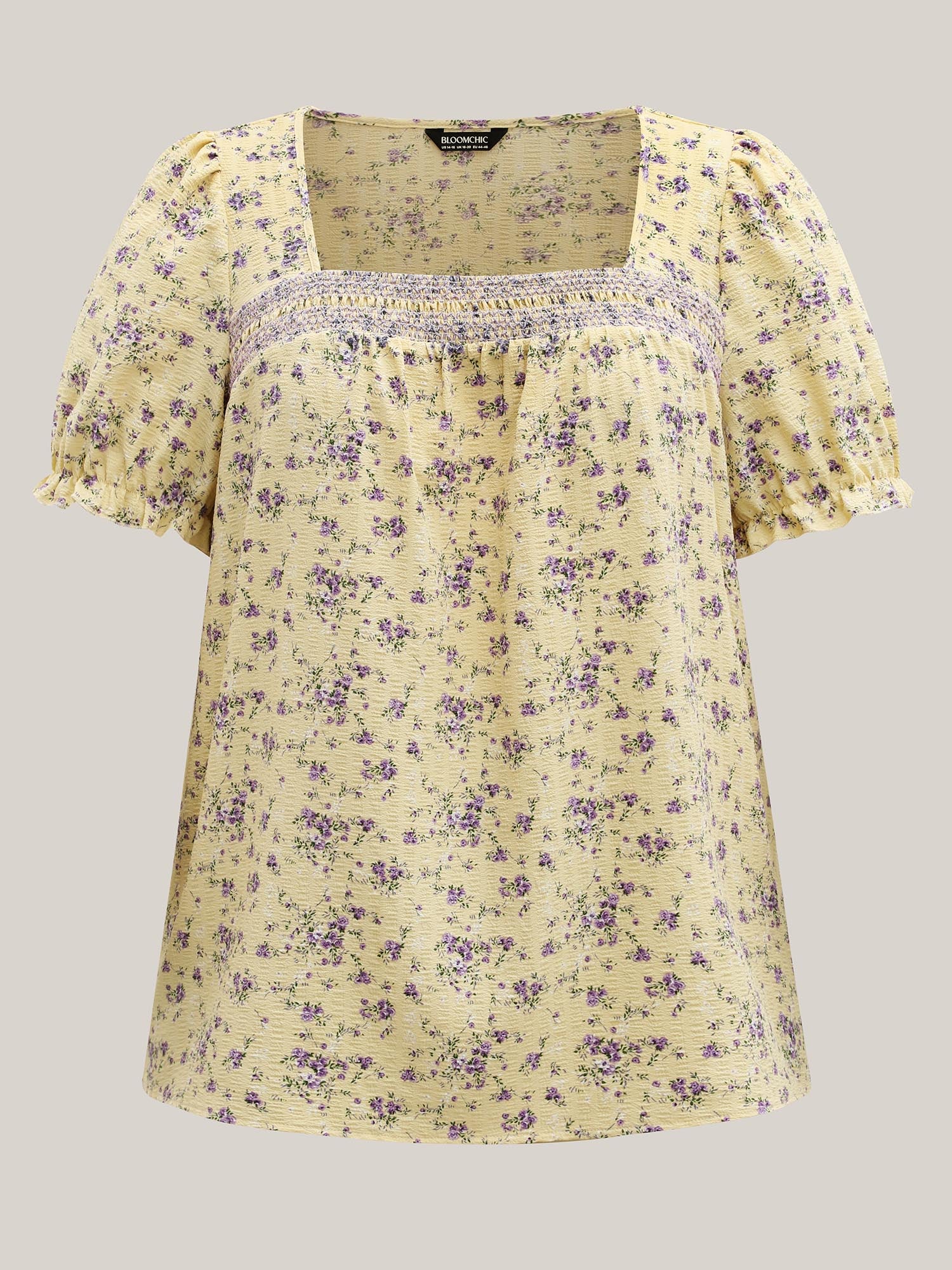 Floral Print Shirred Neck Color Contrast Blouse