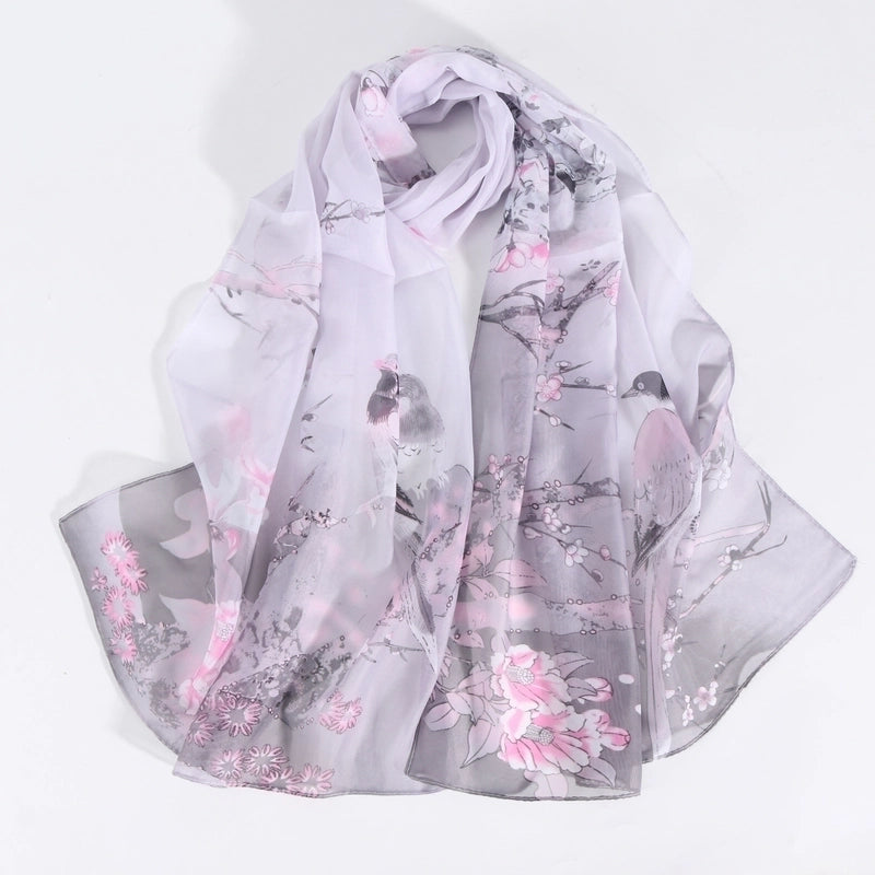 Women's Elegant Minimalist Flower Bird Polyester Printing Silk Scarf