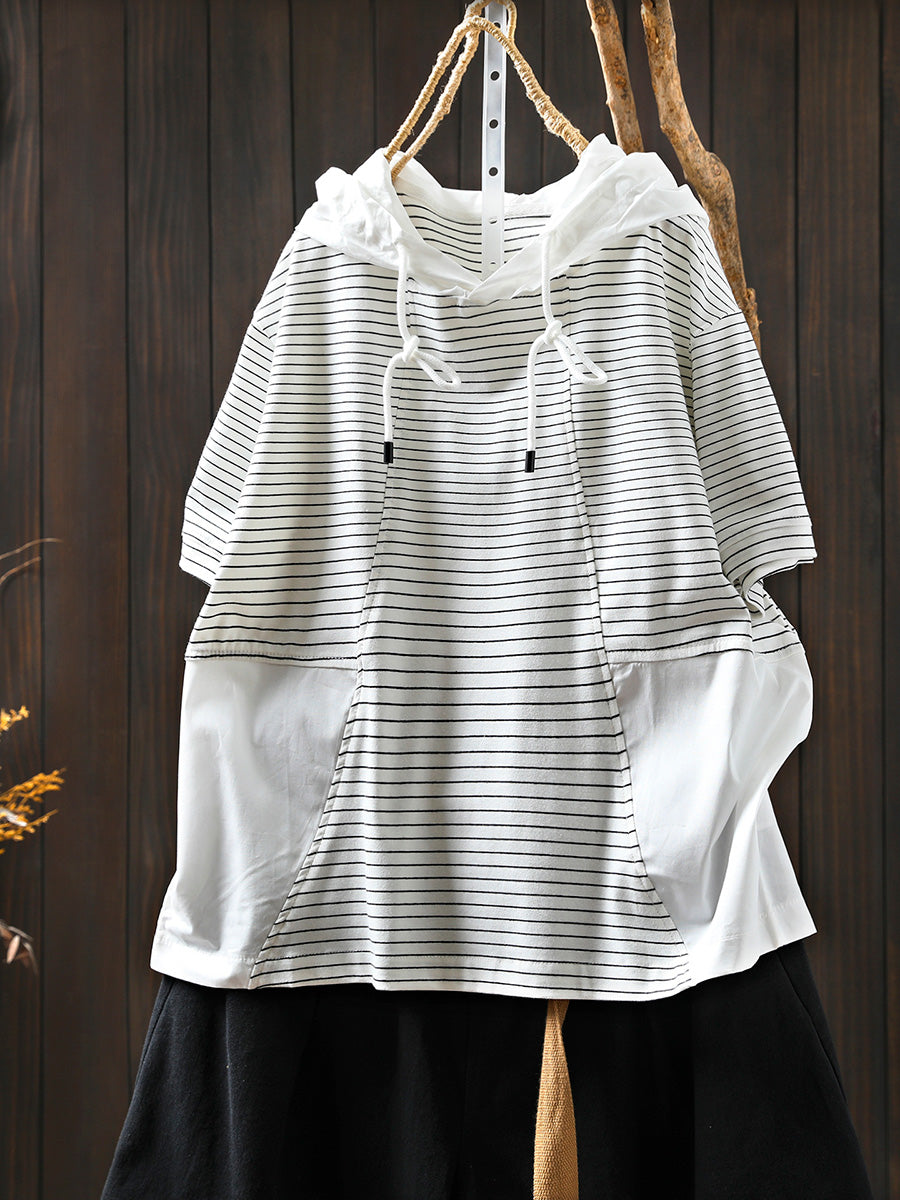 Women Summer Casual Stripe Spliced Hooded Cotton Shirt