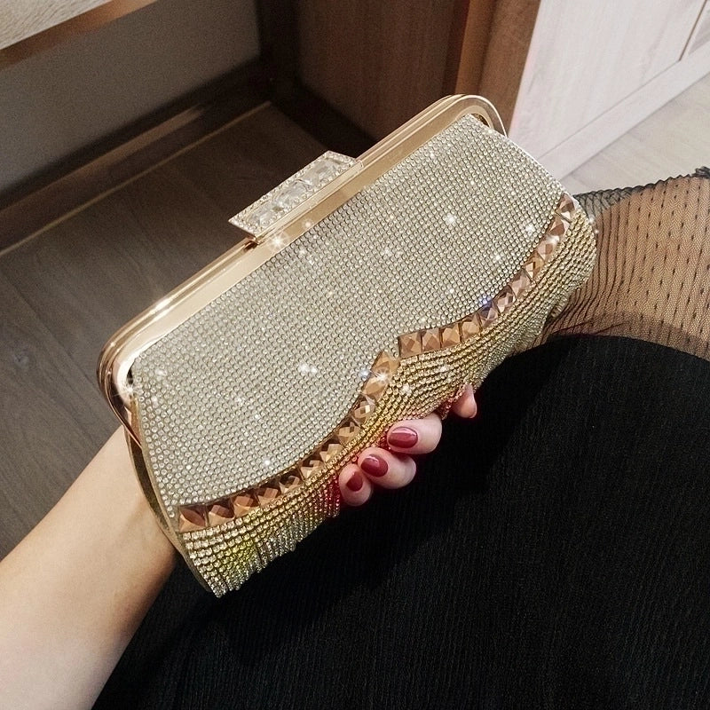 Black Gold Silver Pu Leather Solid Color Rhinestone Square Tassel Evening Bags
