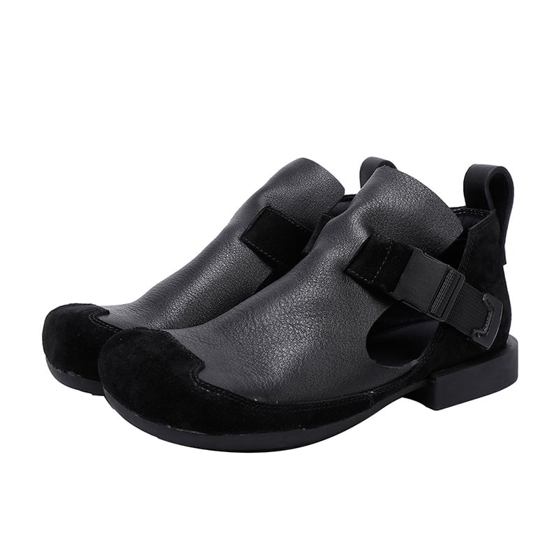 Full-Grain Leather Block Heel Suede Toe Cap Sandals with Buckle Closure in Black/Brown