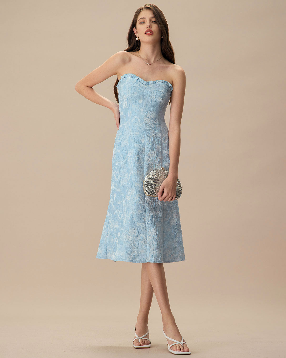 Women's Blue Strapless Jacquard Midi Dress