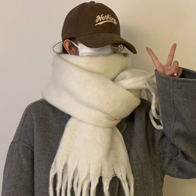 Solid Color Mohair Scarf For Women Autumn And Winter New Thick Braid Winter Student Shawl Scarf