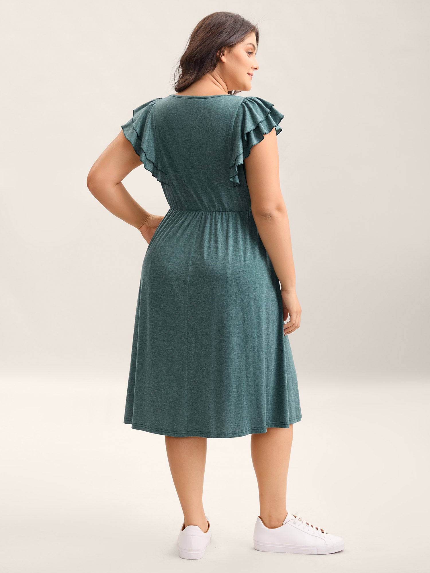 Stretchy Flutter Sleeve Pleated Midi Dress