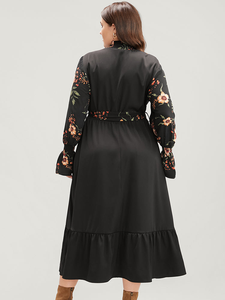Floral Patchwork Lantern Sleeve Pocket Belted Shirred Mock Neck Dress