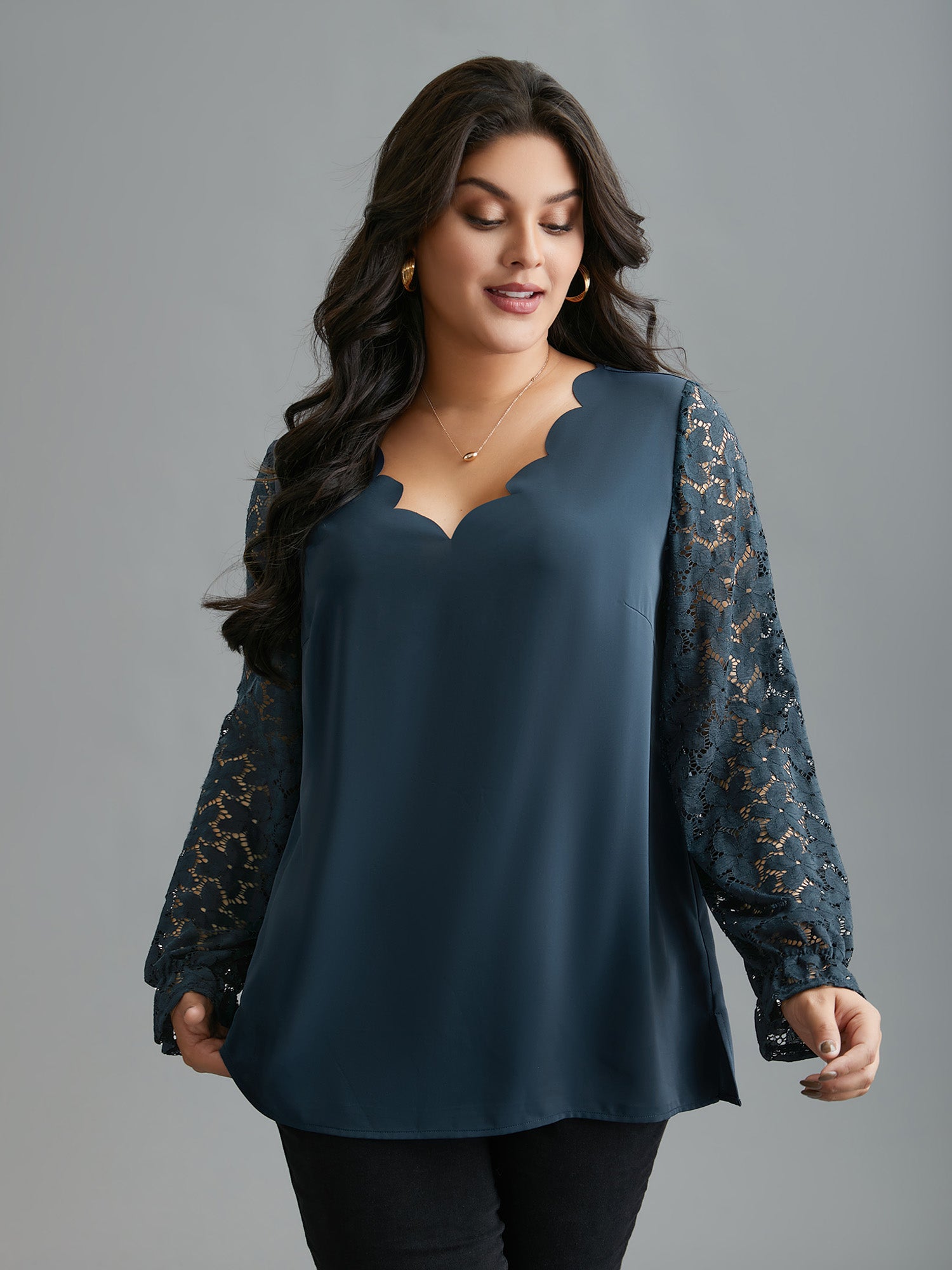 Sheer Floral Sleeve Scalloped Neck Shirt