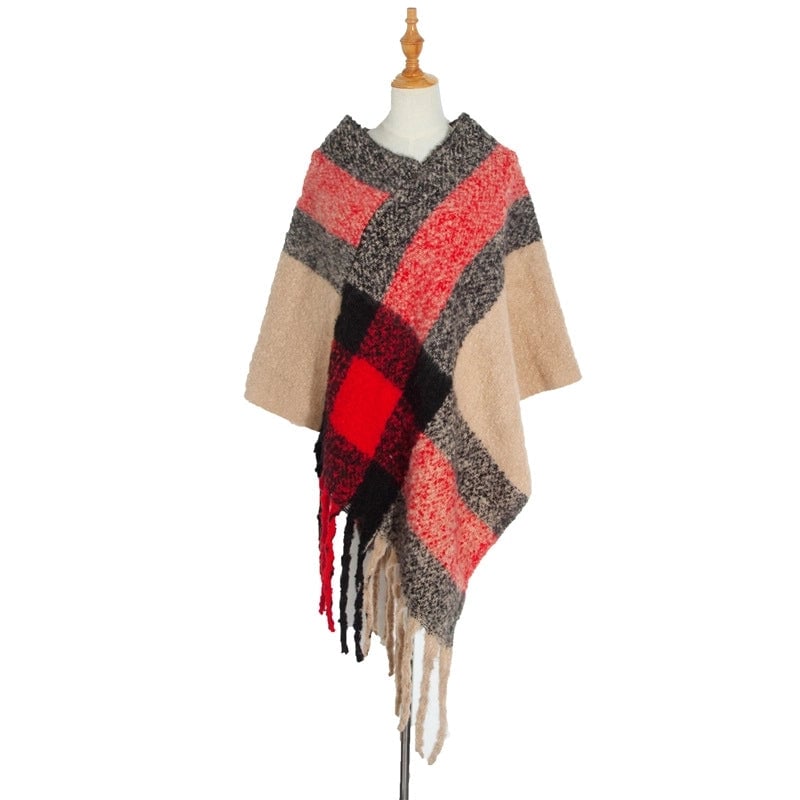 Hot Style New Autumn And Winter Women's Shawl Thick Tassel Loop Yarn Large Plaid Cloak