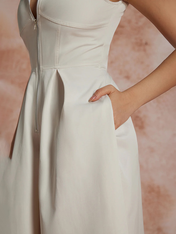High Waisted Loose Pockets Solid Color Zipper V-Neck Jumpsuits