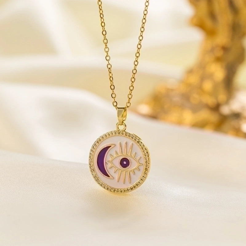 304 Stainless Steel 18K Gold Plated Vintage Style Minimalist Inlaid Zircon Eye Artificial Rhinestones Resin Pendant Necklace