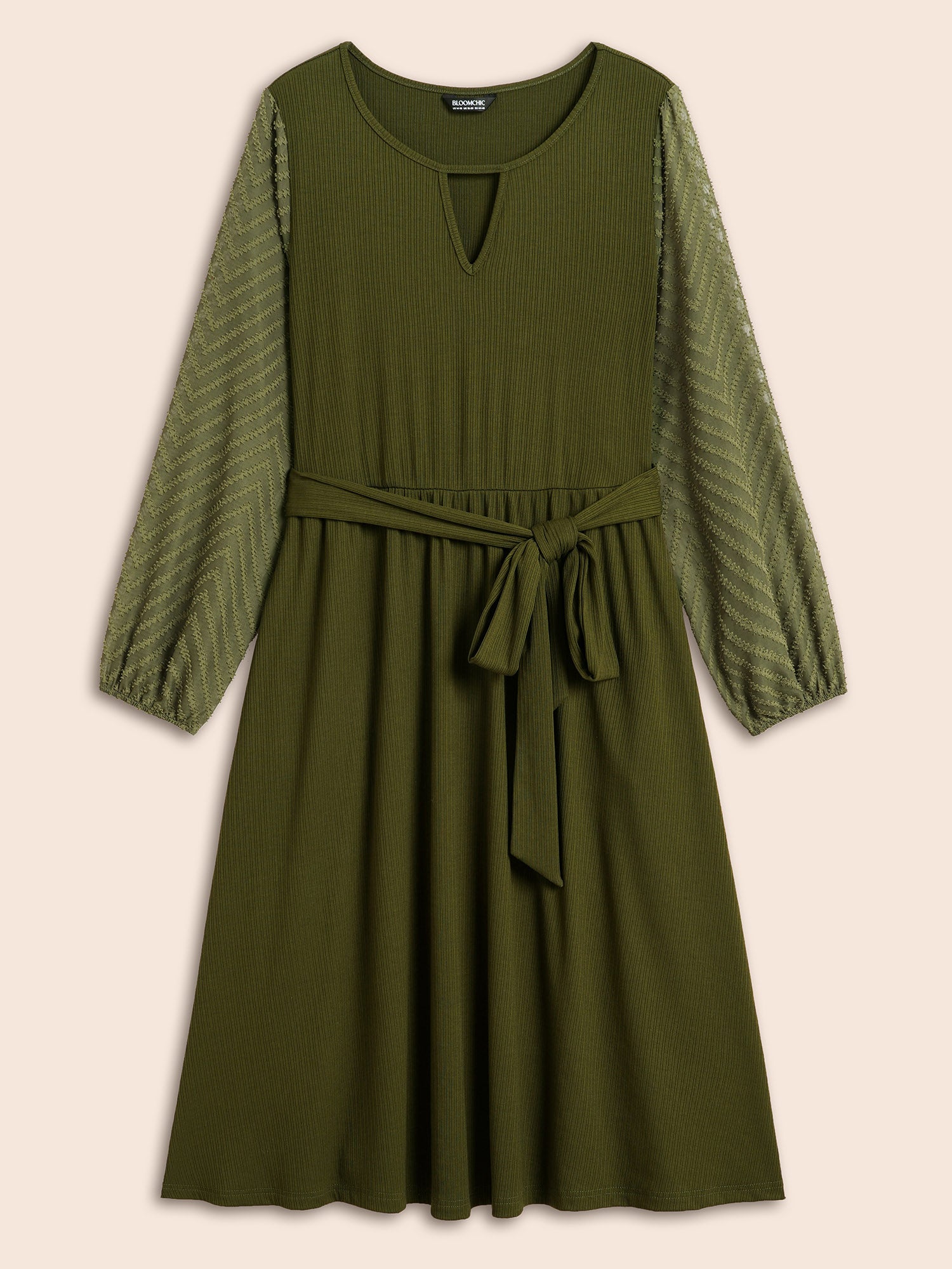 Textured Patchwork Keyhole Belted Dress