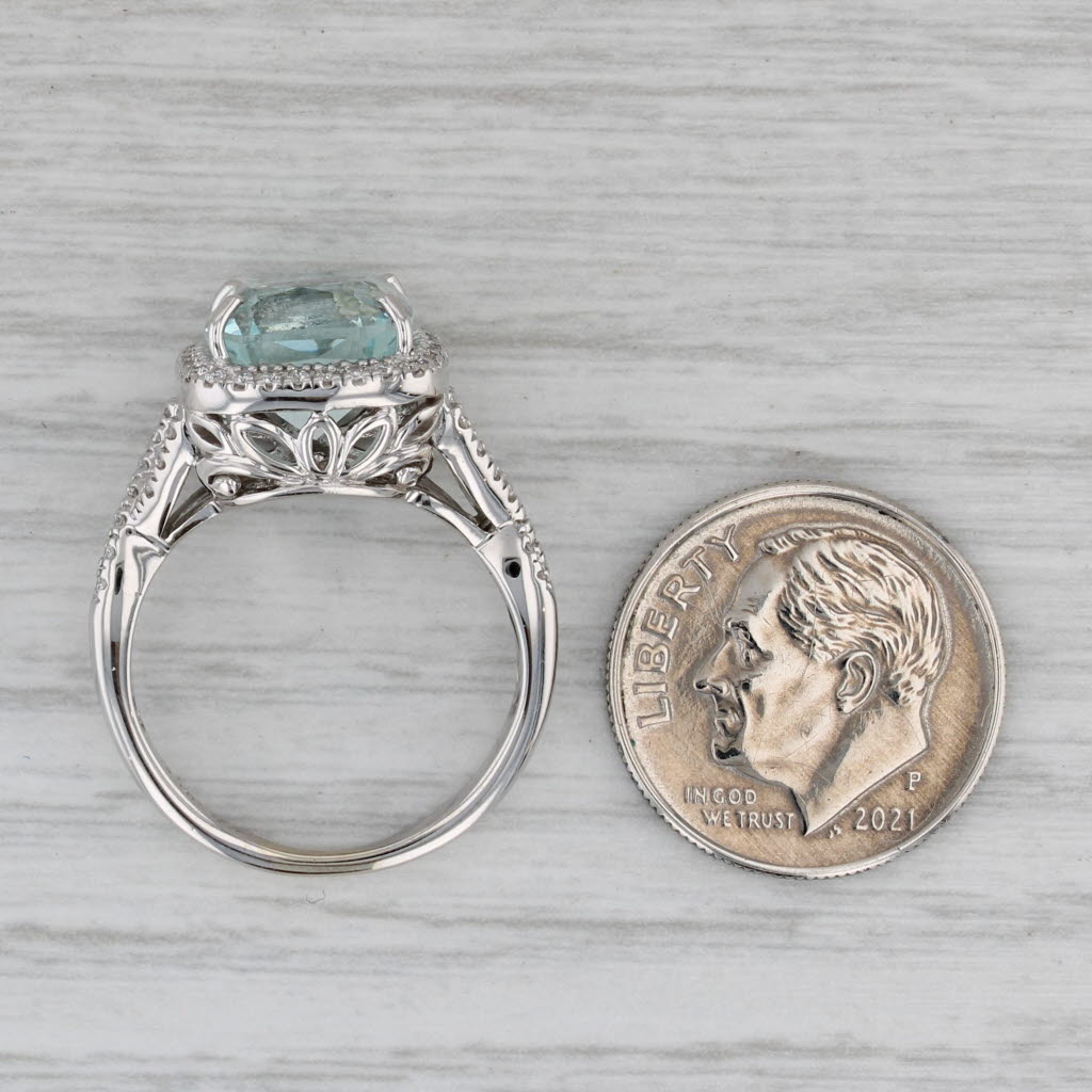 3.55ctw Aquamarine Diamond Halo Ring 14k White Gold Floral Bridge Size 6.25