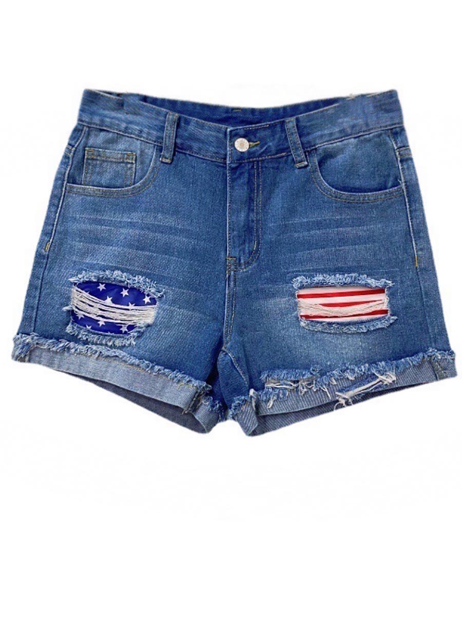 National Flag Torn Denim Shorts