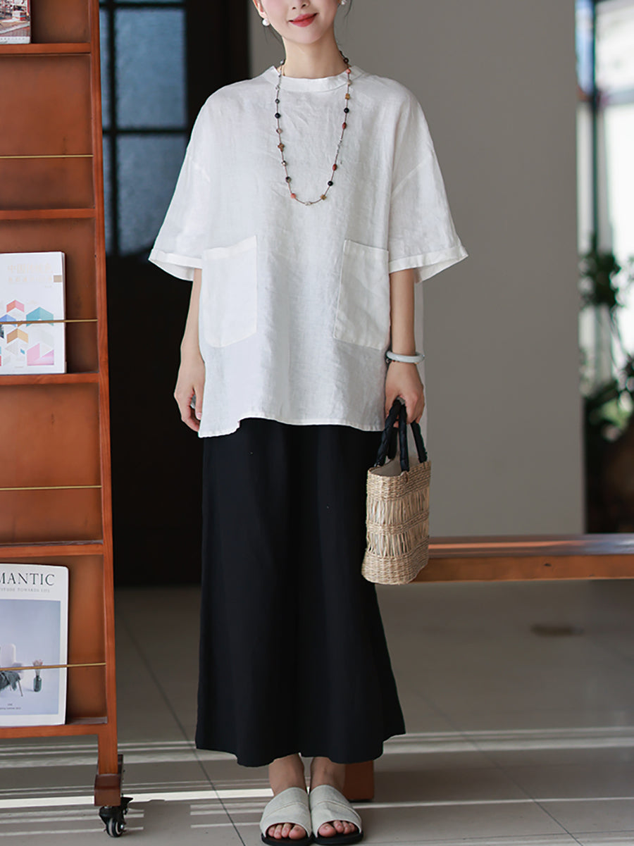 Women Summer Artsy Pure Color 100%Linen O-Neck Shirt