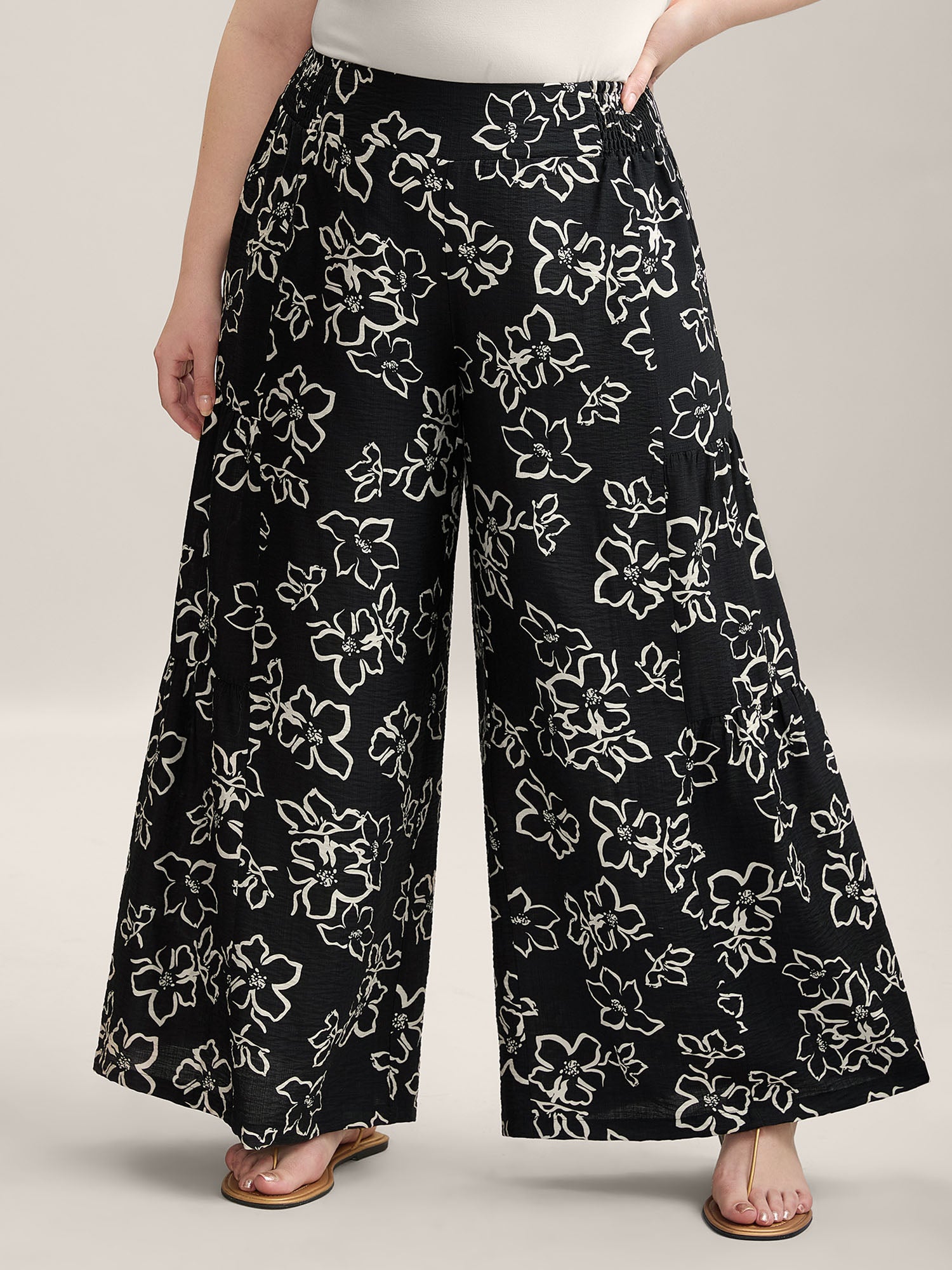 Floral Shirred Waist Wide-Leg Pants