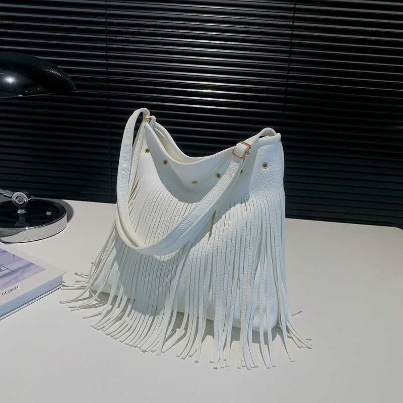 Women's Large Pu Leather Solid Color Vacation Classic Style Tassel Sewing Thread Square Magnetic Buckle Shoulder Bag