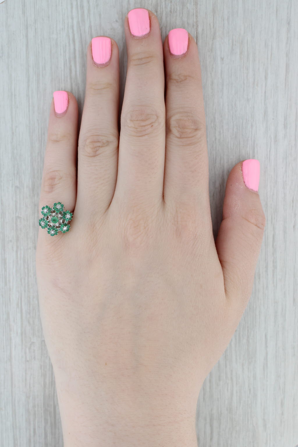 0.74ctw Emerald Diamond Flower Cluster Ring 18k White Gold Size 6.75