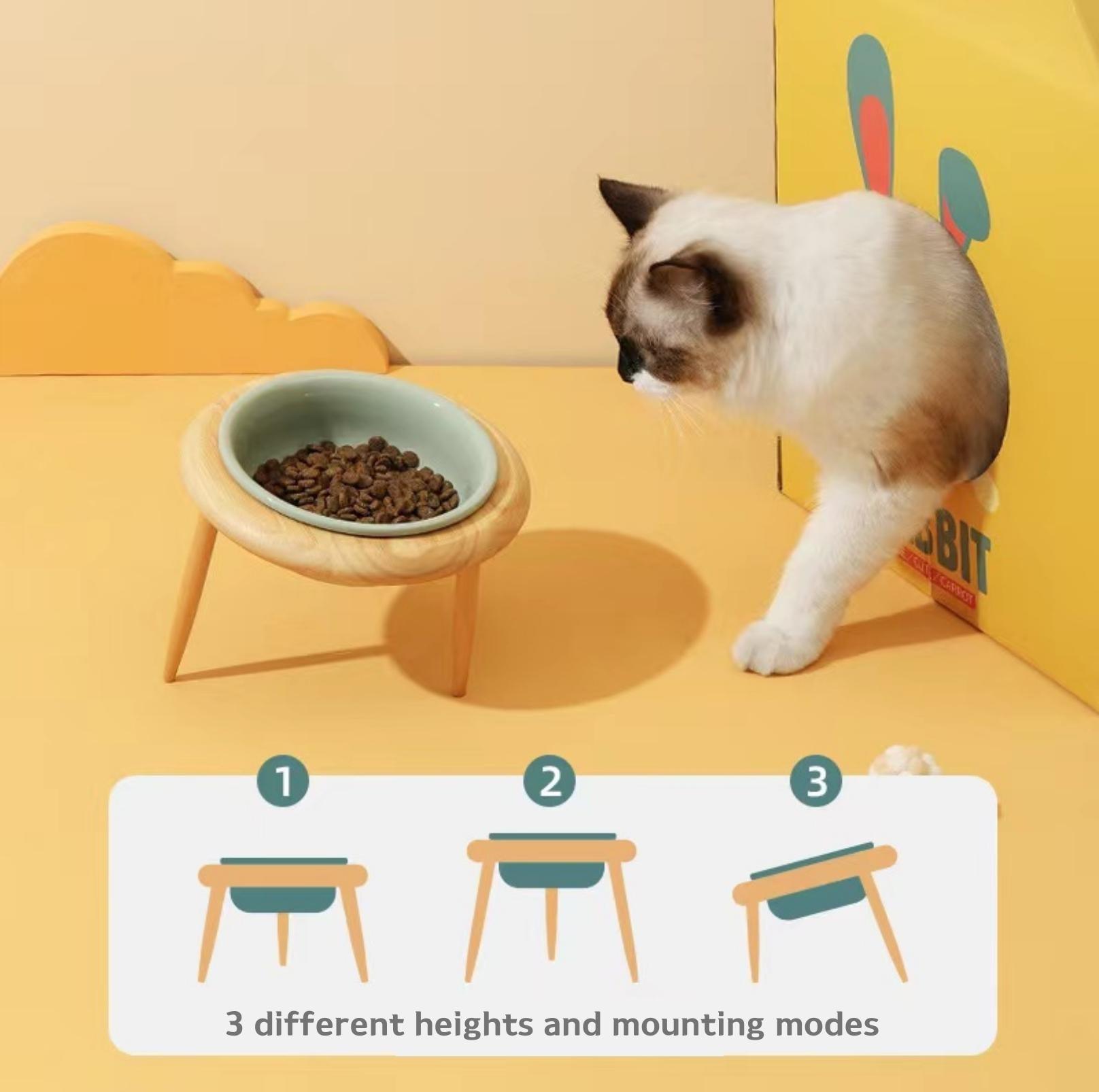 Ceramic Height Adjustable Pet Bowl with Wooden Stand | Small Dog and Cat Bowls