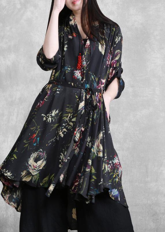 Organic Black Print Plus Size Clothes Tie Waist Cardigan Coat