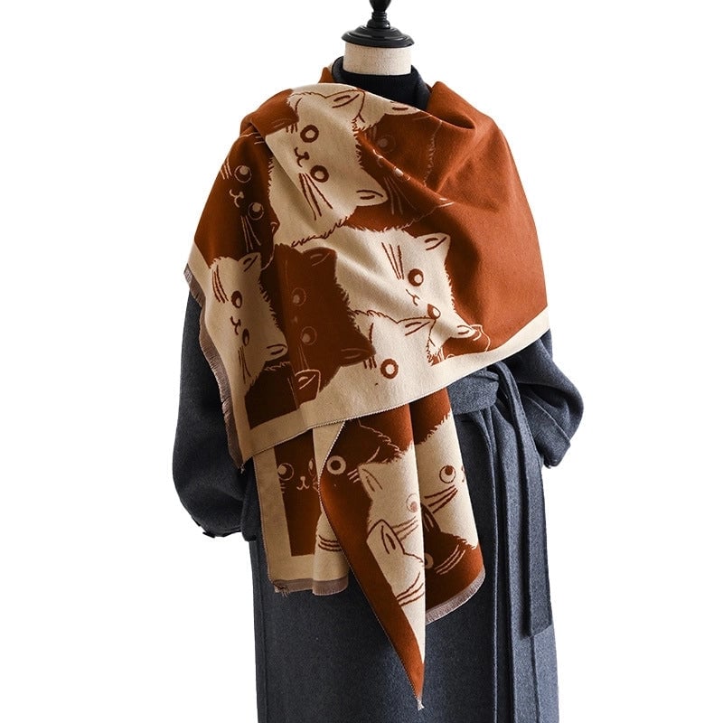 Women's Cute Streetwear Cartoon Cat Cotton Polyester Scarf