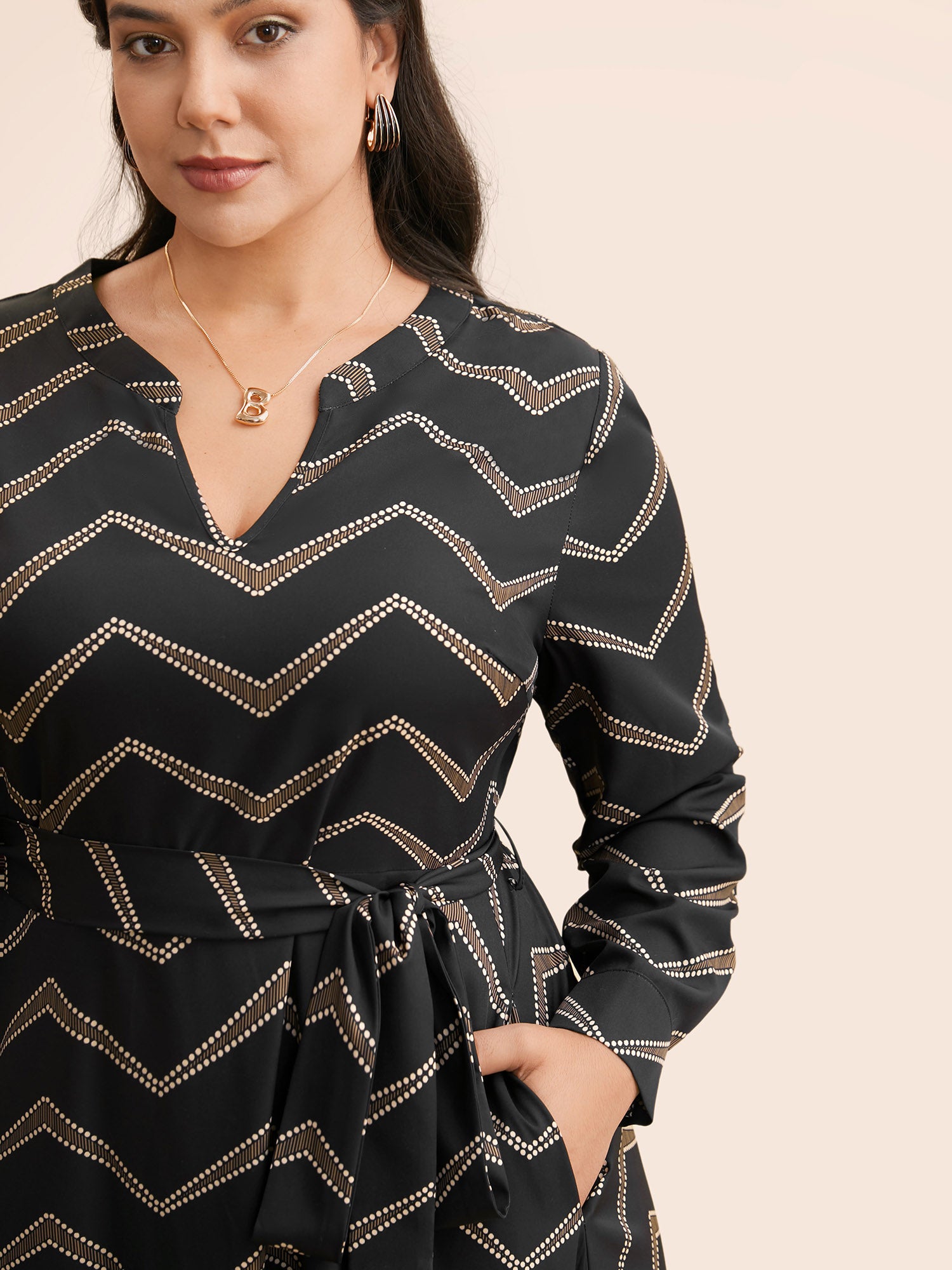 Geometric Notched Belted Midi Dress