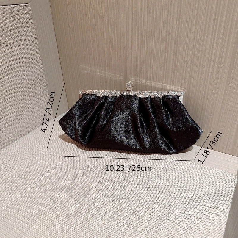 Apricot Silver Black Suede Solid Color Rhinestone Dumpling Shape Evening Bags