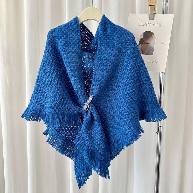 Autumn And Winter New Tassel Cape Shawl Versatile Thick Warm Neck Protection Solid Color Knotted Scarf Outer Waistcoat