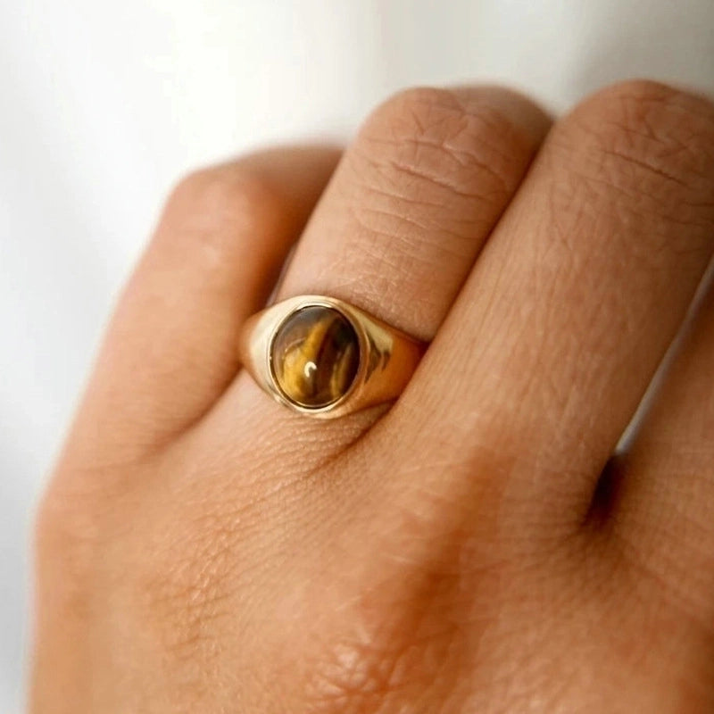 Retro Oval Stainless Steel Plating Inlay Agate 18k Gold Plated Rings