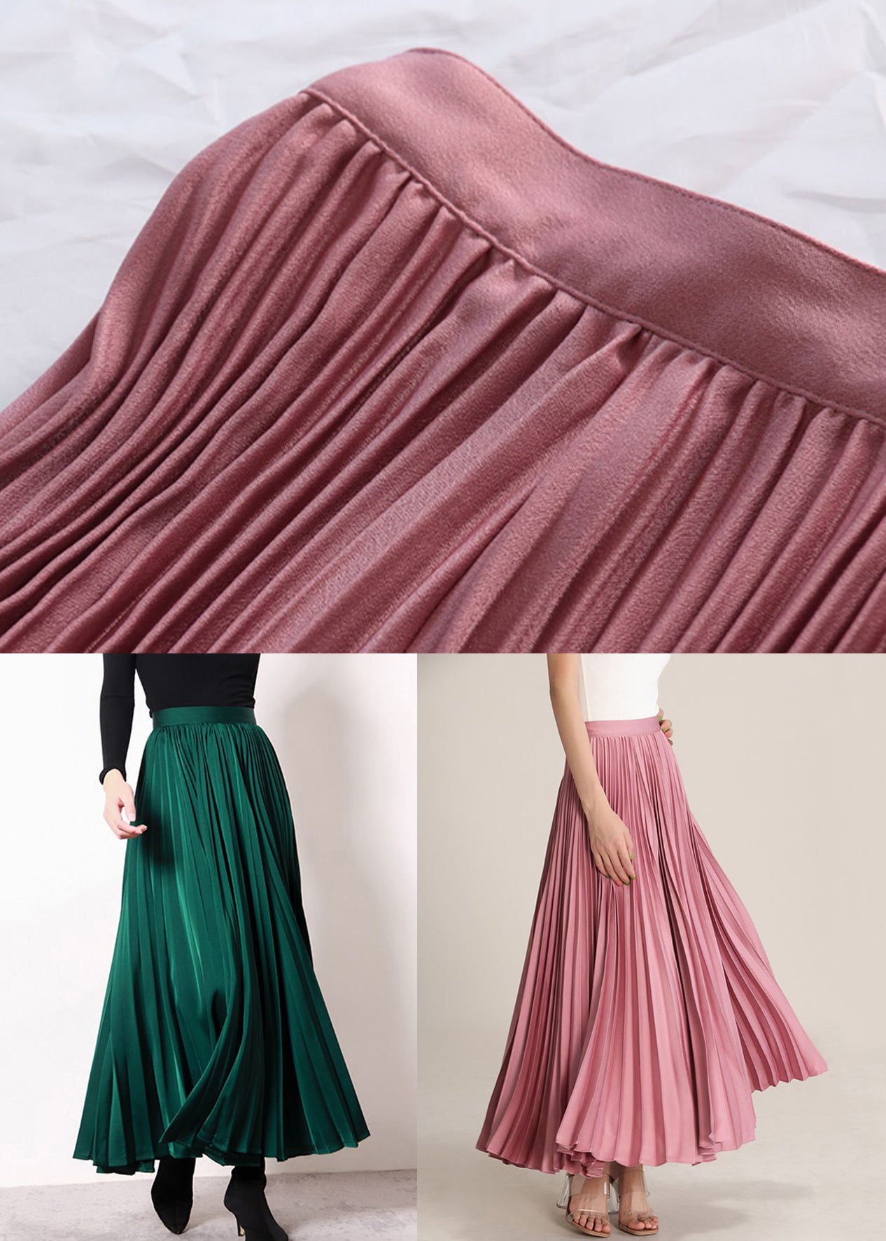 Pink Solid High Waist Silk Pleated Skirt Zippered Summer
