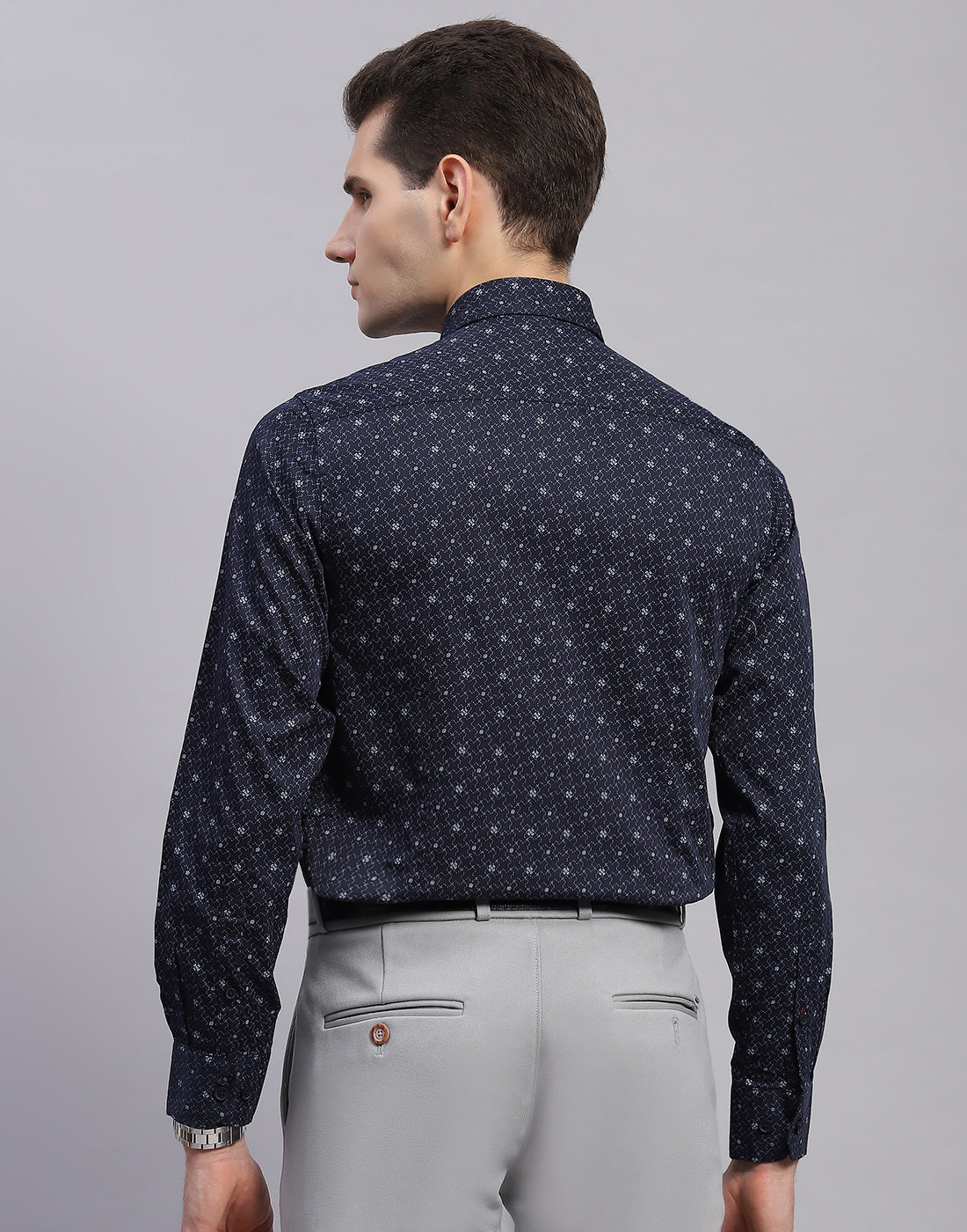 Men Navy Blue Printed Collar Full Sleeve Shirt