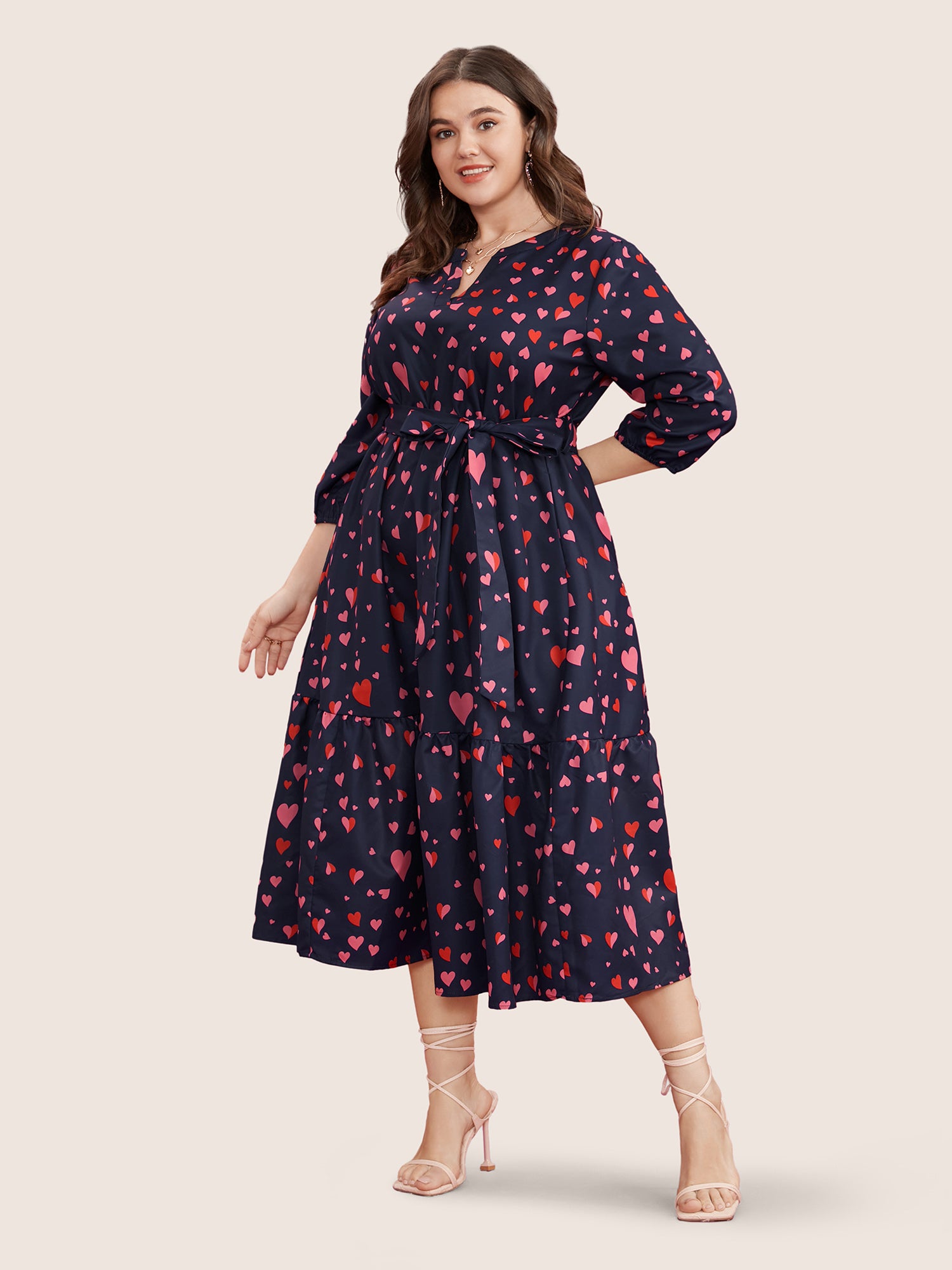 Heart Print V Neck Pocket Belted Lantern Sleeve Ruffles Dress