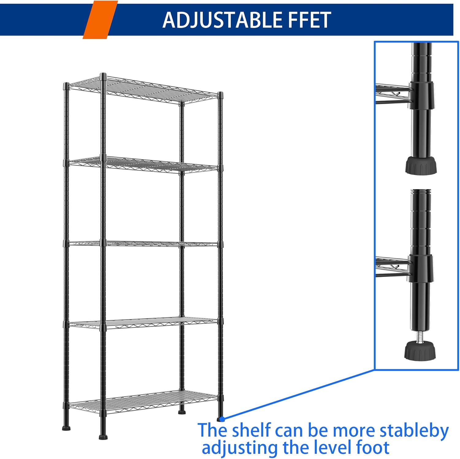 REGILLER 5-Wire Shelving Metal Storage Rack Adjustable Shelves,Standing Storage Shelf Units for Laundry Bathroom Kitchen Pantry Closet(Black,11.8