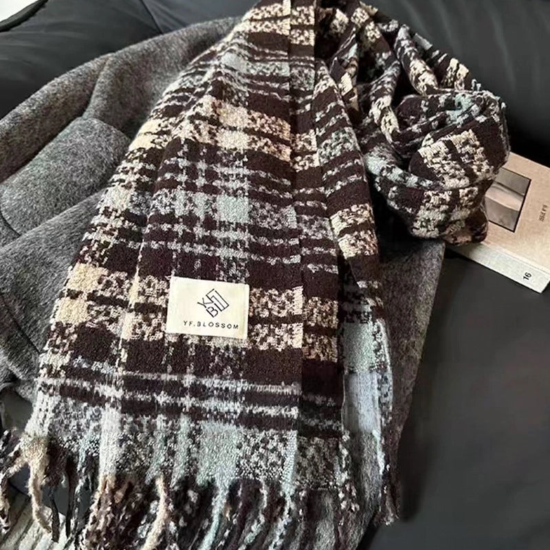 New Plaid Autumn And Winter White Scarf Women's  Atmosphere Warm Soft Tassel Shawl Scarf