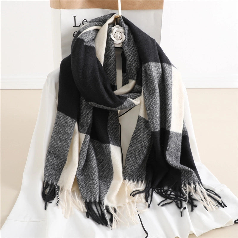 Winter New Scarf Cashmere-like Check Pattren Tassel Men's And Women's Shawl Color Matching  Casual Student Scarf