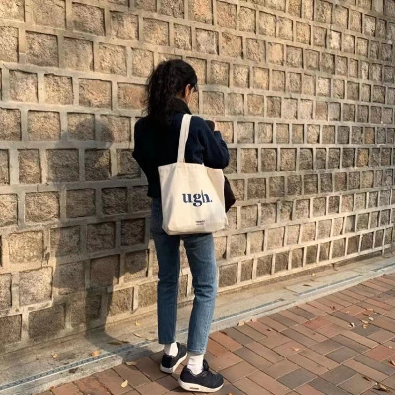 Women's Large Canvas Letter Basic Classic Style Zipper Canvas Bag